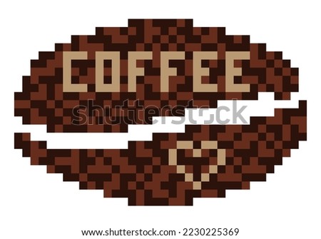 Coffee bean with inscription, heart and pixelated texture. Simple icon for coffee producers, packaging design, restaurant menu, sticker, label, emblem, logo or other using. Vector illustration. Set.