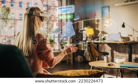 Woman at Home, Using Virtual Reality Headset for Online Shopping, Browsing through Pictures of Stylish Brand Shoes and Handbags. Scrolling Mock-up Internet Clothing Store App for e-Commerce products