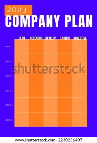 Composite of company plan 2023 text with weekly schedule with orange cells on blue background. Timeline maker and company planning concept digitally generated image.