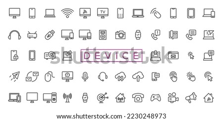 Device and technology line icon set. Electronic devices and gadgets, computer, equipment and electronics. Computer monitor, smartphone, tablet and laptop sumbol collection Royalty-Free Stock Photo #2230248973