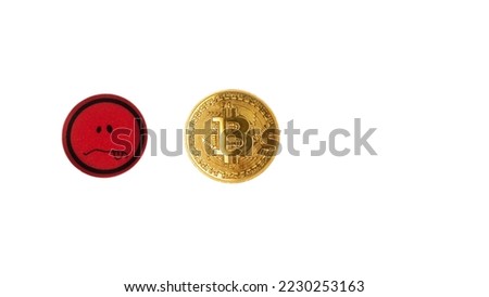 Bad mood and disapproval icon (sad face sticker, dislike bitcoin fall) Bitcoin (BTC) obverse, cryptocurrency, gold coin white background. Blockchain payment system