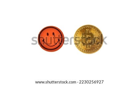 Good mood and smiley icon (smile face sticker, happy) Bitcoin (BTC) obverse, cryptocurrency, gold coin white background. Blockchain payment system