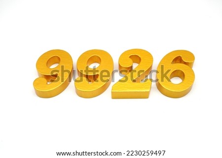    Number 9926 is made of gold-painted teak, 1 centimeter thick, placed on a white background to visualize it in 3D.                                  