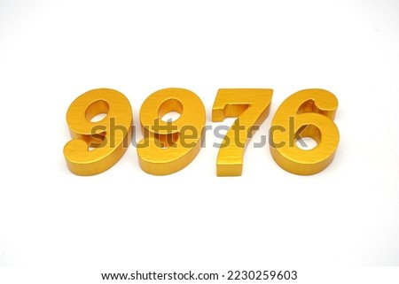  Number 9976 is made of gold-painted teak, 1 centimeter thick, placed on a white background to visualize it in 3D.                                