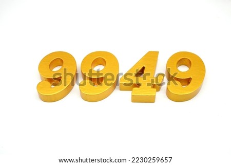    Number 9949 is made of gold-painted teak, 1 centimeter thick, placed on a white background to visualize it in 3D.                                  
