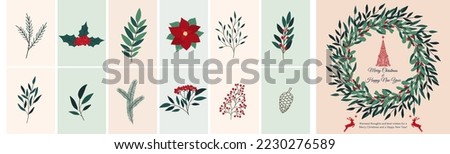Christmas hand drawn set of poinsettia, leaves, branches, berries, holly, pine cone, guelder rose. Winter floral cozy collection. Vector sketch elements. Christmas reindeer and Christmas tree