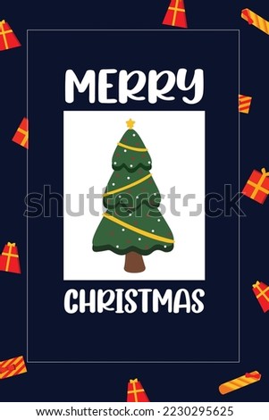 Christmas card with christmas tree decoration in winter snow, christmas tree made of present, christmas present