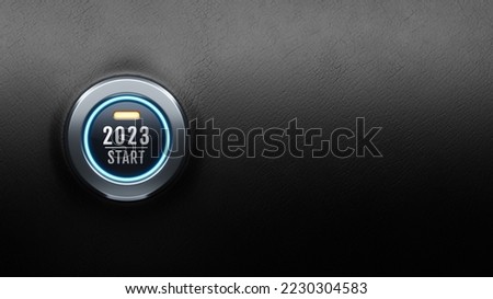Start engine car button on black leather, happy new year 2023 start new project, 3D rendering. Royalty-Free Stock Photo #2230304583