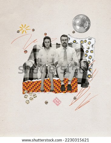 Contemporary art collage. Creative design in retro style. Beautiful young couple, man and woman sitting on sofa with serious face. Bored party. Concept of family, relationship, vintage, lifestyle.
