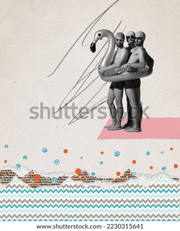 Contemporary art collage. Creative design with three funny men standing in flamingo swimming circle, ready to swim. Concept of summer, holiday, creativity, fun, retro style. Copy space for ad