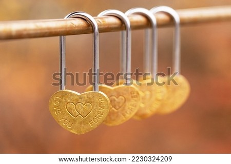 Symbol of eternal love, relations and marrage. Heart shaped padlocks hanging on bridge in autumn season. Love you forever