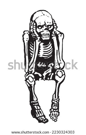 Graphical skeleton sitting isolated on white background,vector element of spooky design