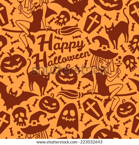 Happy Halloween seamless vector pattern. Cute icons, silhouettes, elements. Pumpkin, witch, broom, candy, skull, cat, bat, coffin. Cartoon style background.