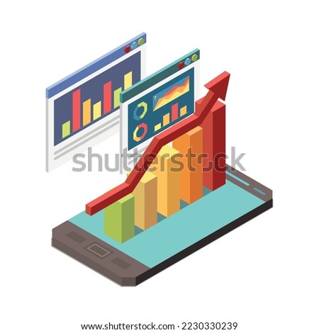 Big data analytics isometric composition with isolated icons of network infrastructure connection processing vector illustration
