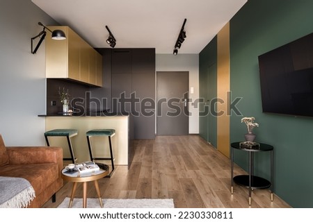 Open layout, modern designed apartment with green walls, golden details and wooden floor Royalty-Free Stock Photo #2230330811