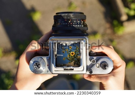  A photographer holding a vintage analog photo CAMERA focusing ajusting taking pictures outside looking through a large square format viewfinder mechanical settings solid metal cogs garden background