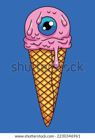 Fun modern vector illustration, in cartoon style, of a scoop of strawberry ice cream with the pupil of an eye in the middle, in a cone.