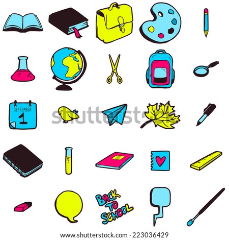 Set of various school elements, colorful hand drawn icons collection