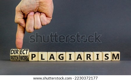 Direct or patchwork plagiarism symbol. Concept words Direct plagiarism Patchwork plagiarism on cubes. Businessman hand. Beautiful grey background. Direct or patchwork plagiarism concept. Copy space. Royalty-Free Stock Photo #2230372177