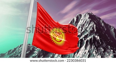 Kyrgyzstan national flag cloth fabric waving on beautiful Background.