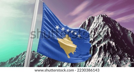 Kosovo national flag cloth fabric waving on beautiful Background.