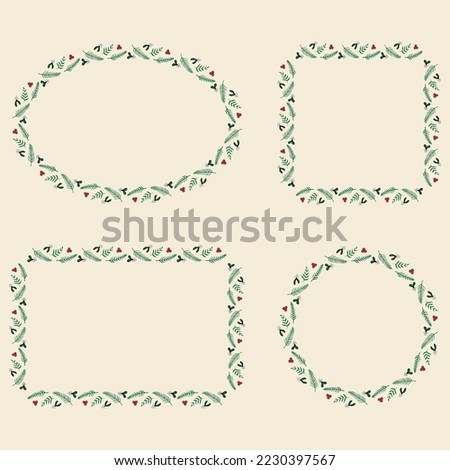 Set of Christmas and New Year frame wreaths of mistletoe berries and leaves and spruce branches for postcards, stickers, labels, cards, invitations, congratulations