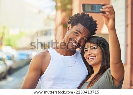 Couple, smile and phone selfie in city for summer vacation, travel adventure and fun together outdoor. Happy black man or woman with 5g mobile smiling for social media photo in Puerto Rico on holiday