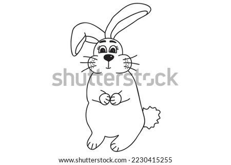 The picture shows a rabbit drawn with a black outline, it is intended for New Year's, Christmas holidays, cards, clothes and fabric printing, children's coloring and you can use it in various cases.