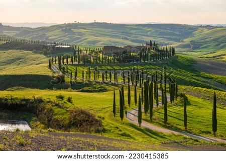 Panoramic view of a farmhouse near Asciano with Val d'Orcia hills in the background. Royalty-Free Stock Photo #2230415385