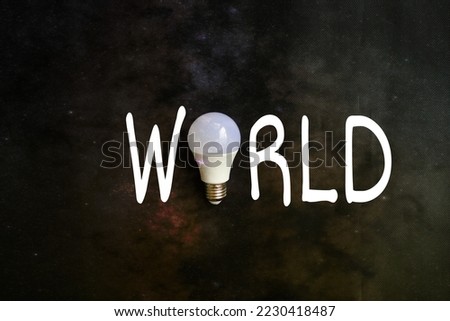 World lettering created from led bulb on colored background.