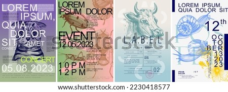 Poster design. Exhibition, event, price tag. Set of vector illustrations. Typography. Vintage pencil sketch. Engraving style. Labels, cover, t-shirt print, painting.