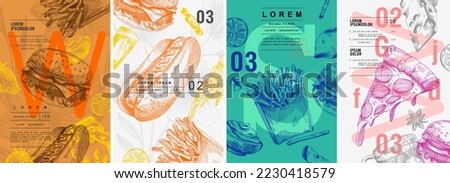 Fast food, hamburger, sandwich, fries, pizza. Price tag or poster design. Set of vector illustrations. Typography. Vintage pencil sketch. Engraving style. Labels, cover, t-shirt print, painting.