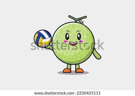 Cute cartoon Melon character playing volleyball in flat cartoon style illustration