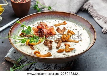 wild mushroom soup, homemade cream of mushroom. banner, menu, recipe place for text, top view, Royalty-Free Stock Photo #2230428821