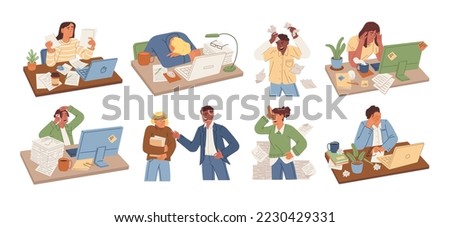 Set of busy people in stress at work. Employees overloaded with business tasks. Office workers in anger and anxiety, fatigue. Business affairs and excess assigned tasks lack of time for deadline Royalty-Free Stock Photo #2230429331