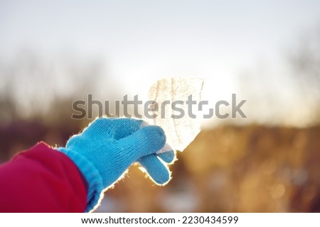 Girl having fun playing with icicle on sunny winter day. Person looking through ice at sun. Active outdoors leisure on winter nature among driven snow