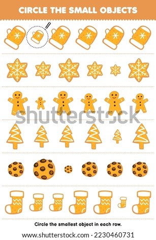 Education game for children circle the smallest object in each row of cute cartoon gingerbread cookie printable winter worksheet