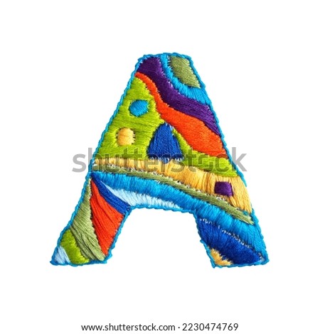 A letter alphabet abc font design illustration art text typography modern vintage colorful type hand embroidery thread color needlework handmade sewing stitch craft pattern fabric textile texture Royalty-Free Stock Photo #2230474769