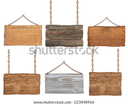 collection of  various wooden signs with chain on white background. each one is shot separately