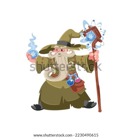 Old wizard casting spell cartoon illustration. Wise magician, warlock, mage or sorcerer with white beard in hat and robe casting spell. Magic concept