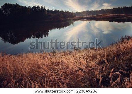 landscape lake in autumn sun