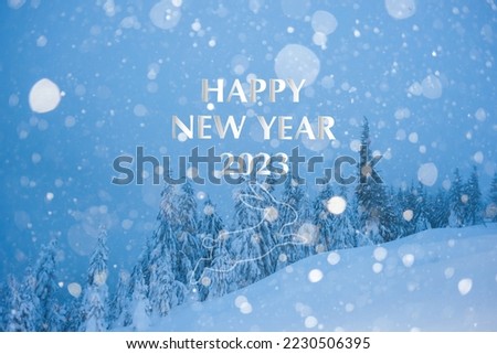 Winter landscape with trees in snow on holiday greetings 2023 New Year card and rabbit silhouette
