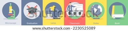A set of 5 education flat icons such as microscope, graduation