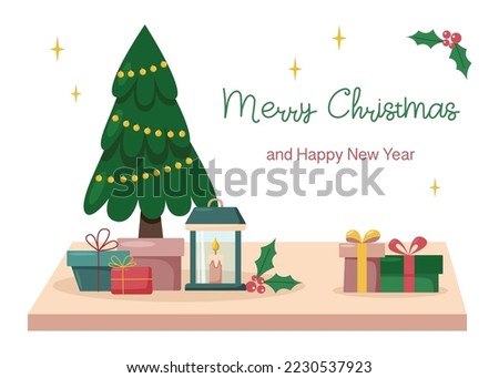 Potted Christmas tree with gift boxes and candle on the table - Christmas background