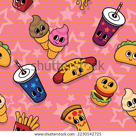 Fastfood pattern with modern doodle food illustrations. Seamless vector background,  drink with straw, french fries and burgers  slices of pepperoni pizza ,Hot dog, ice-cream Royalty-Free Stock Photo #2230542725