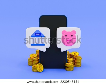 3d minimal financial account. money management concept. The way for depositing the money. smartphone with a bank and a piggy bank deposit button. 3d rendering illustration.
