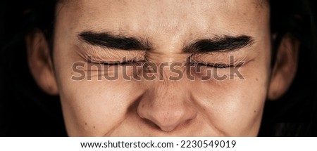 Stress, fear and woman in studio for mental health problem, phobia and anxiety on black background. Eyes, closed and girl in dark room with depression, abuse and psychology, schizophrenia and worry Royalty-Free Stock Photo #2230549019