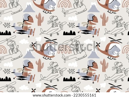 seamless pattern with with Cute dinosaurs flying in airplane.
