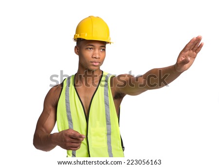Natural Looking Worried Young African American Construction Worker Gesture Directing Traffic on Isolated Background