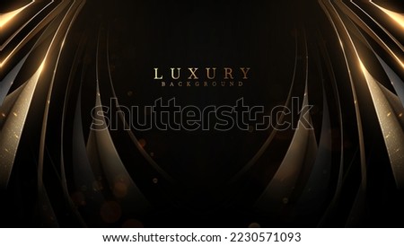 Black background with gold ribbon elements and glitter light effect decorations and bokeh. Luxury style design concept. Vector illustration. Royalty-Free Stock Photo #2230571093